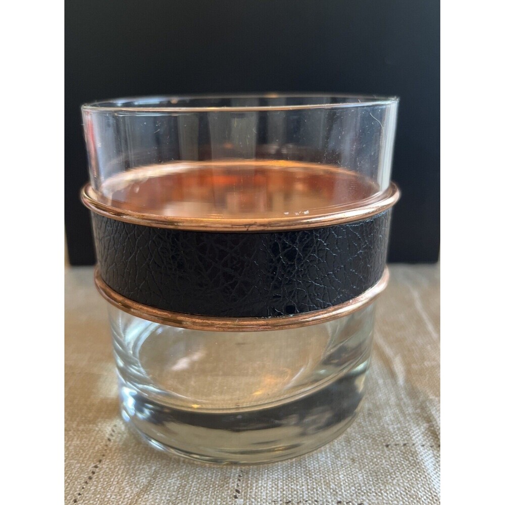 Vtg Copper Guild Old Fashioned Lowball Glasses Leather Copper Collars 10oz